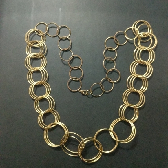 Gold Tone Interlocking Rings Hoops Long Statement Necklace - Picture 1 of 2